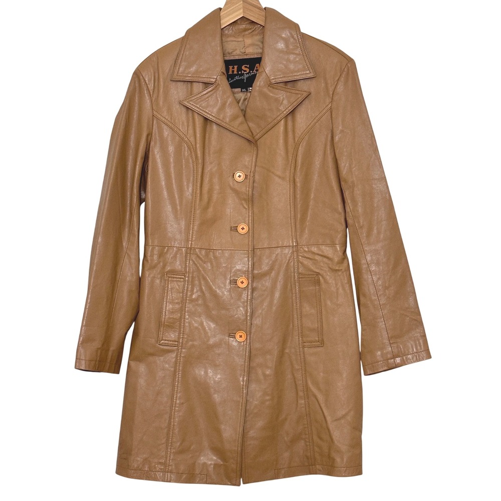 VTG HSA Womens Jacket XL Tan Brown Genuine Leather Short Trench Coat 70s Style